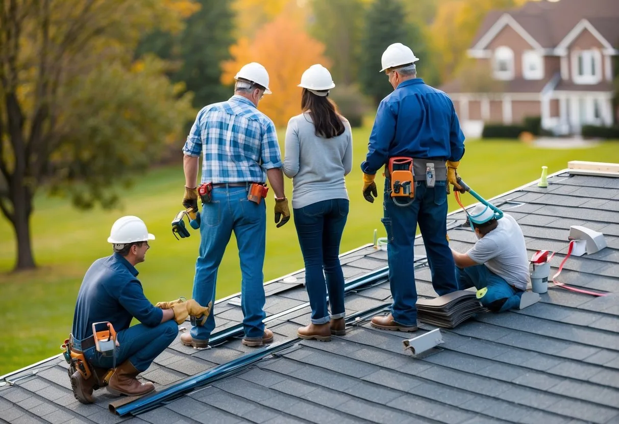 En familie i Bramming ser pa mens arbejdere installerer et nyt energieffektivt tag pa deres hus